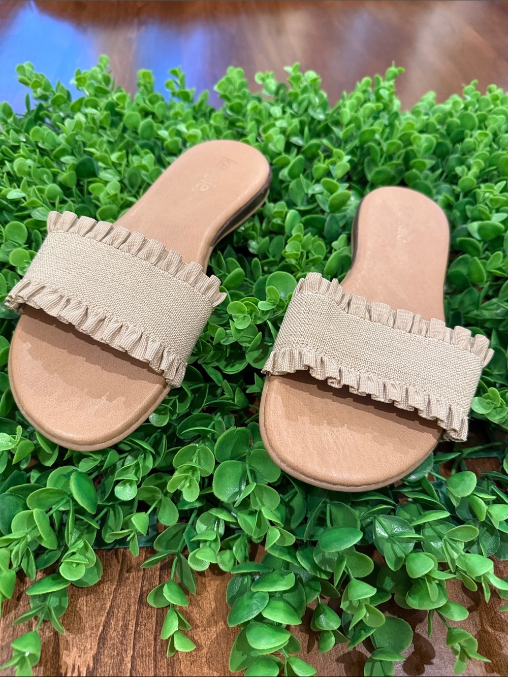 Kensie Neutral Ruffle Strap Slide Sandals - Beige/Tan